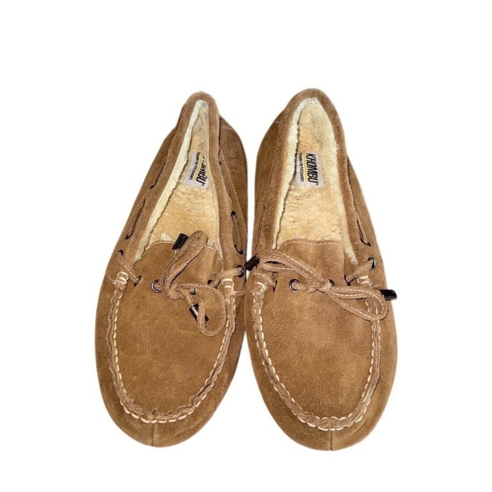 Khombu Moccasin Slippers Men's Size 9.5 M Brown Faux Shearling Lined Tie suede